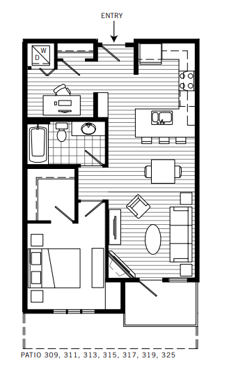 Floor plan for 1 bed, 1 bath, 732 sqft